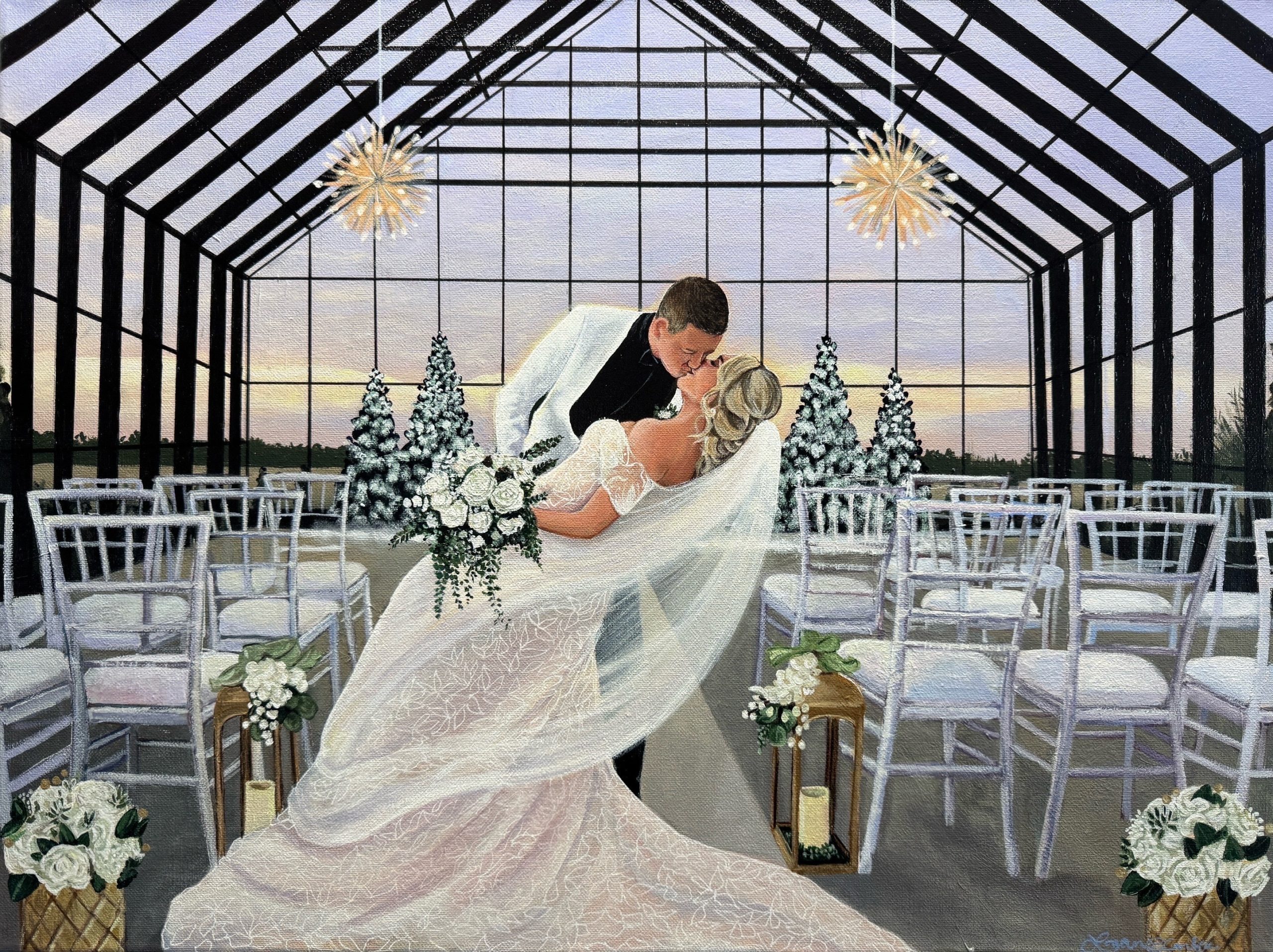 Hand-painted wedding portrait of a newlywed couple kissing inside a glass chapel with white floral arrangements.