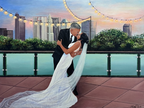 Hand-painted wedding portrait of a couple kissing on a rooftop terrace beneath string lights and a city skyline.