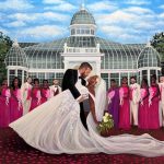 Hand-painted wedding portrait of a newlywed couple and their wedding party in front of a glass conservatory.