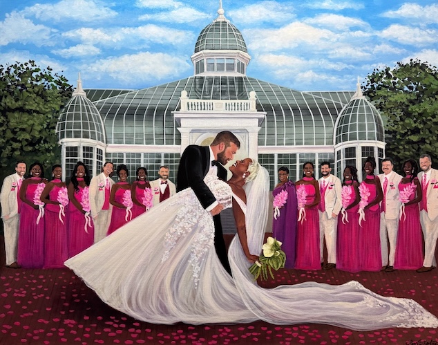 Hand-painted wedding portrait of a newlywed couple and their wedding party in front of a glass conservatory.