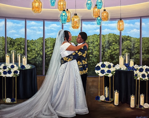 Hand-painted wedding portrait of a couple embracing beneath colorful pendant lights with blue and white floral arrangements.
