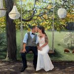 Hand-painted wedding portrait of a couple kissing on a garden swing beneath chandeliers and autumn trees.