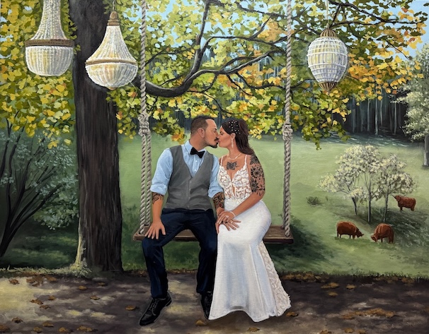 Hand-painted wedding portrait of a couple kissing on a garden swing beneath chandeliers and autumn trees.