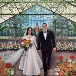 Hand-painted wedding portrait of a couple in a greenhouse ceremony space with colorful floral arrangements.