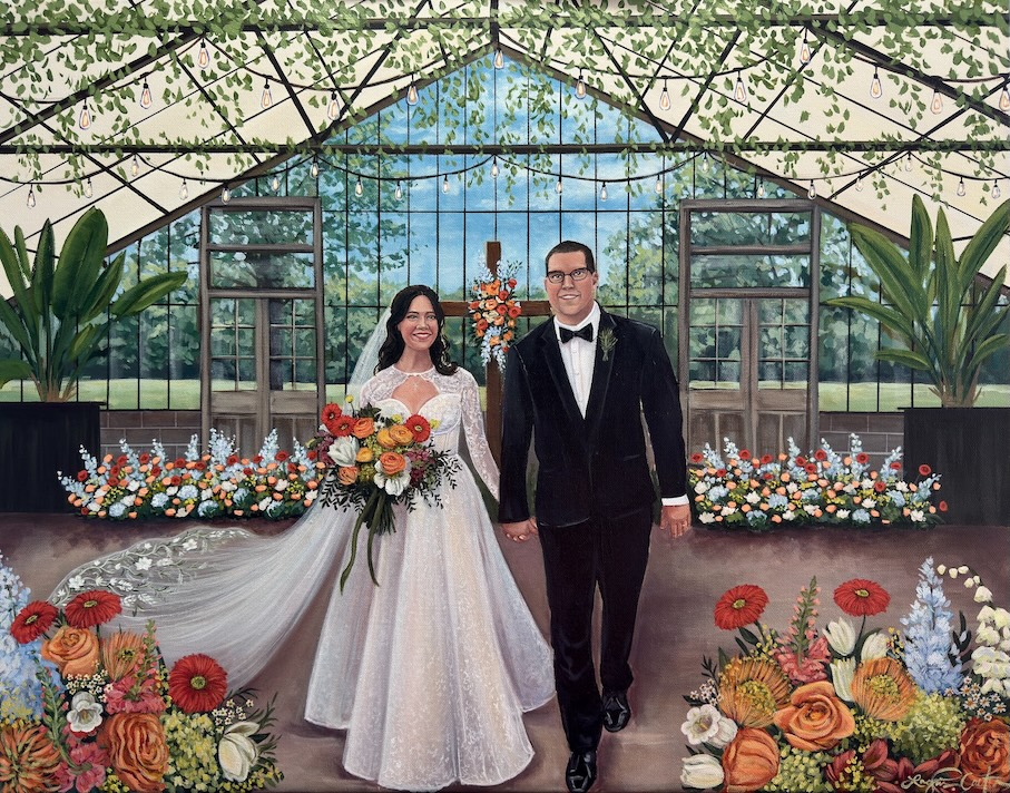 Hand-painted wedding portrait of a couple in a greenhouse ceremony space with colorful floral arrangements.