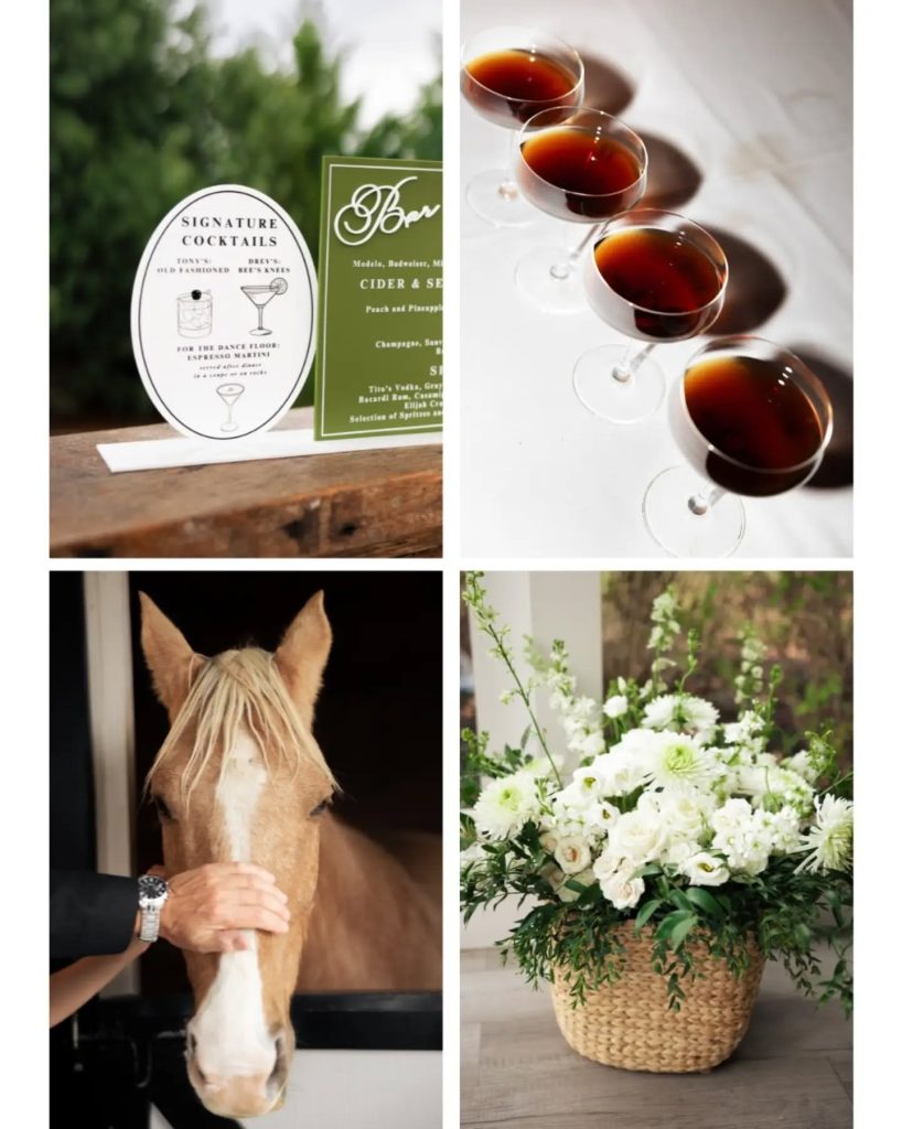 four photos of details of their wedding day. espresso martini, horse, basket of white bouquet flowers, and bar sign