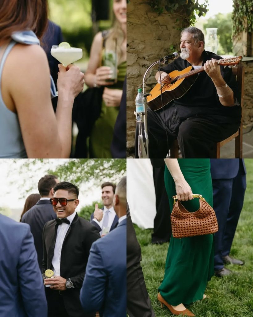 close up images of wedding cocktail hour between wedding ceremony and wedding reception. Gutairist playing for guests, signature cocktails, and people talking to each other in formal attire