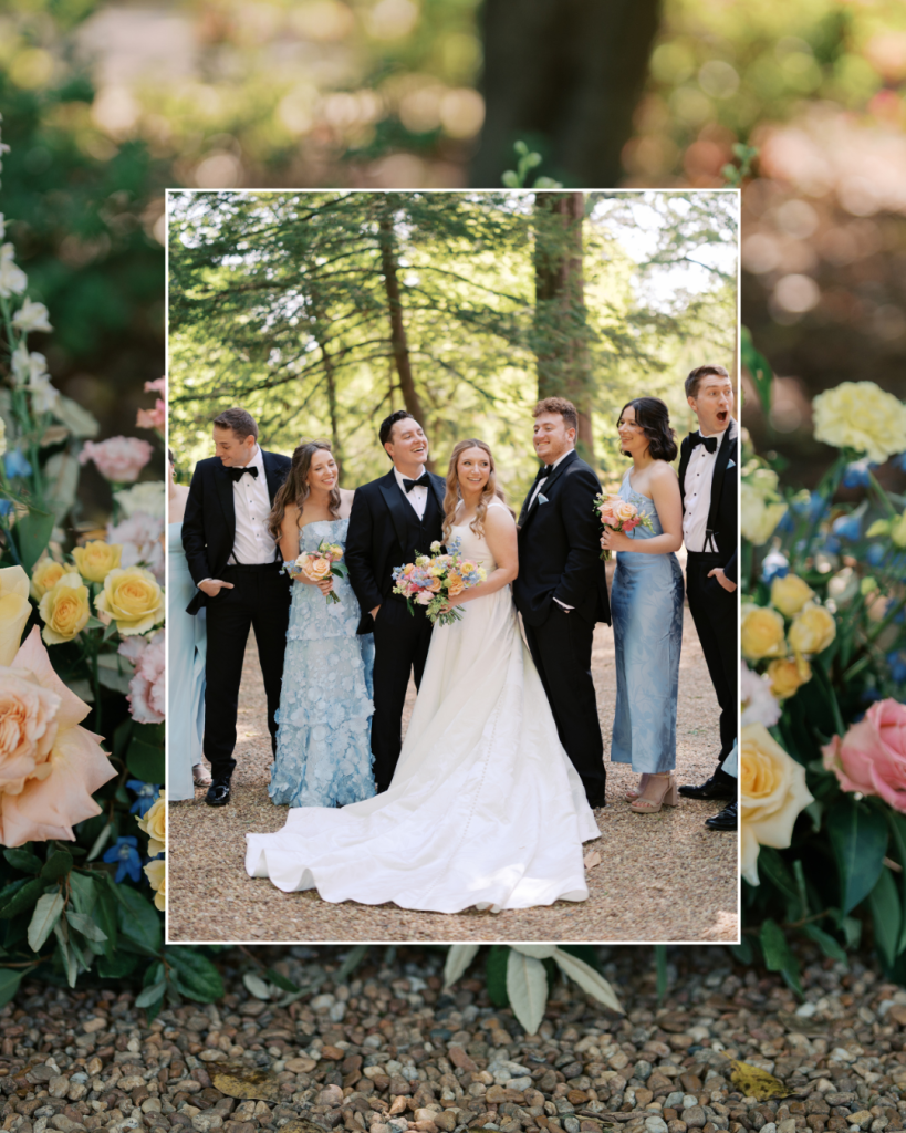 Reception tent featuring suspended greenery installation, café lighting, gold chairs, and elegant spring décor at Van Landingham Estate in Charlotte.