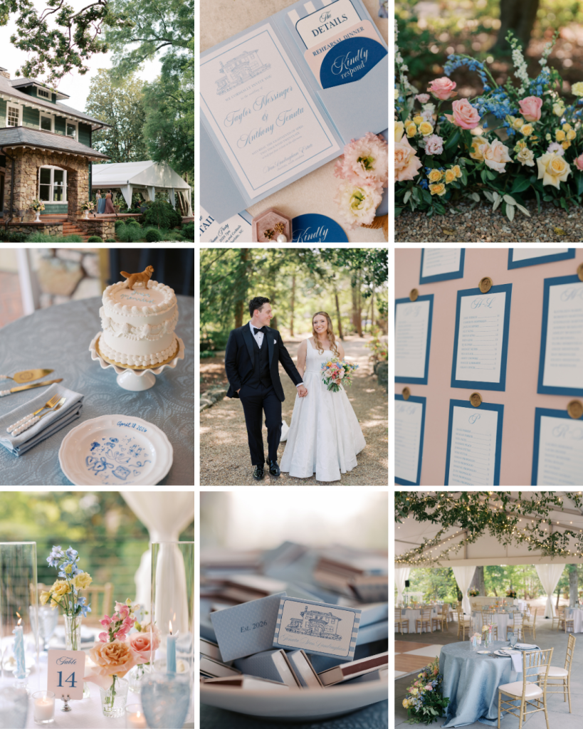 Flat lay featuring custom wedding invitation suite with coastal blue details and elegant stationery for a Charlotte wedding.