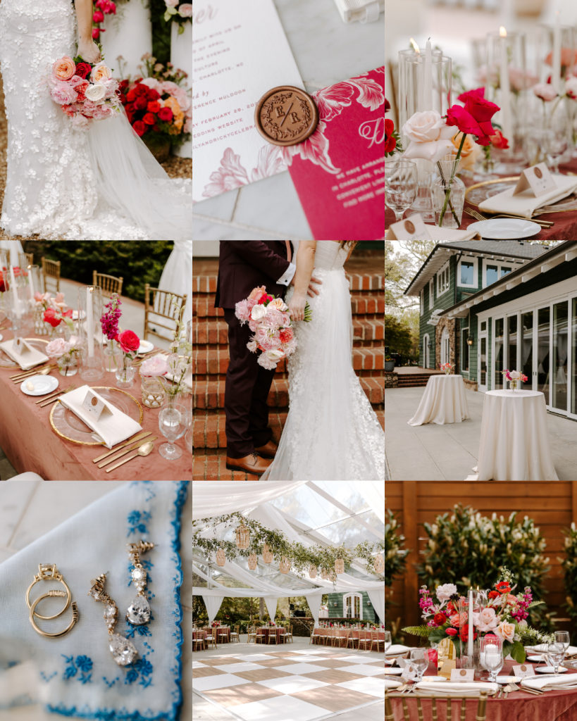 Wedding gallery featuring bridal bouquet, invitation suite, reception details, ceremony space, jewelry, and colorful floral design from a Charlotte wedding at Van Landingham Estate.