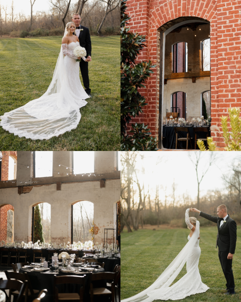 Bride and groom posing outdoors beside the historic cotton mill with elegant wedding reception details shown inside the venue.