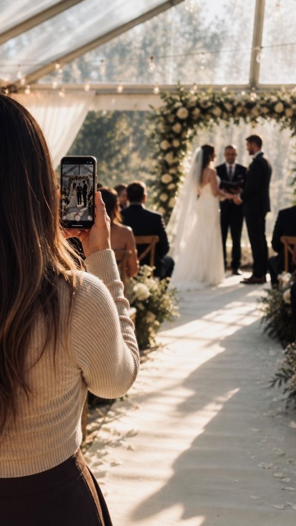 Wedding content creator filming a bride and groom exchanging vows beneath a floral arch during an outdoor tented ceremony.