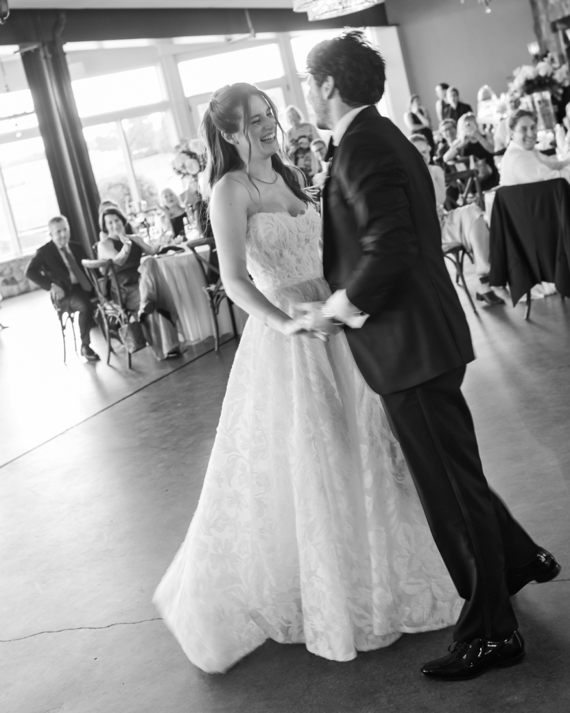 black and white image of first dance at vineyard