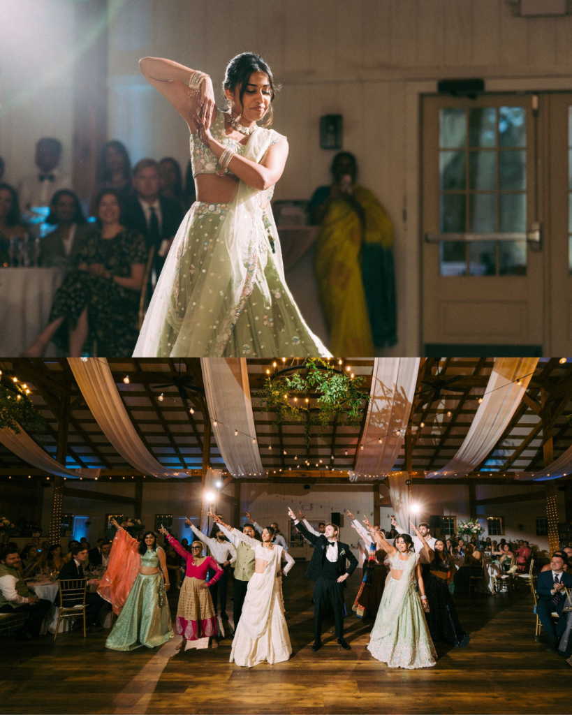 surprise wedding reception performances at barn indoor wedding ceremony