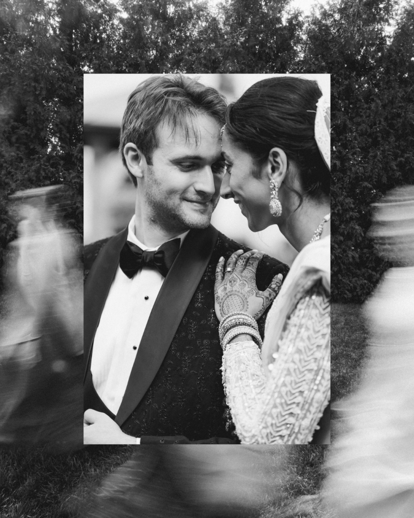 black and white photo of couple after wedding ceremony, multicultural wedding