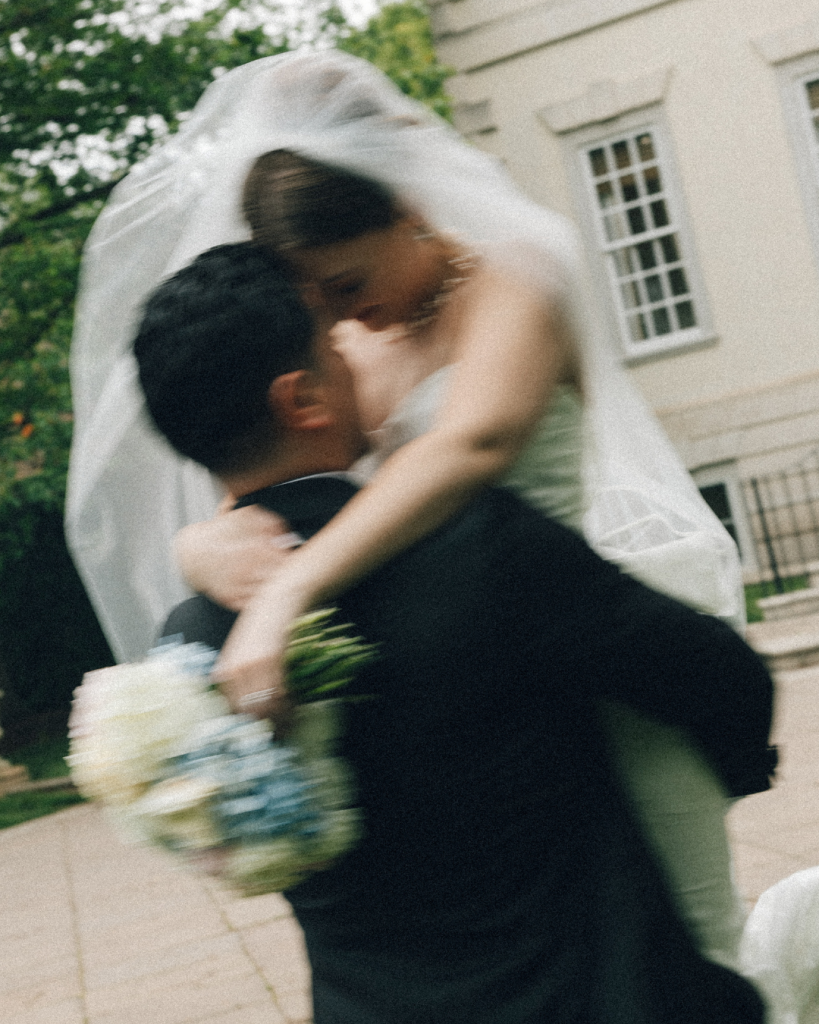 blurred picture of bride and groom, 90s romcom inspired wedding