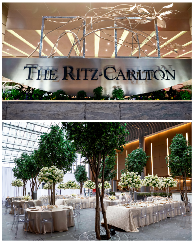 Exterior and interior views of The Ritz Carlton Charlotte, including a wedding reception filled with white flowers, greenery and clear chairs.