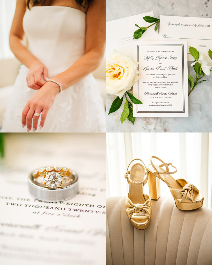 Wedding detail collage featuring Kelly’s strapless bridal gown, engagement ring, classic wedding invitation suite and gold platform bridal heels.