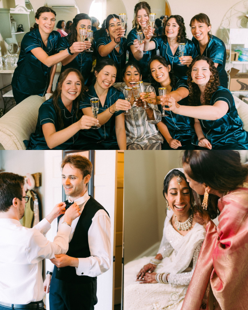 getting ready photos of bride and bridesmaids laughing together before wedding ceremony, upscale wedding venue, northern virginia NOVA