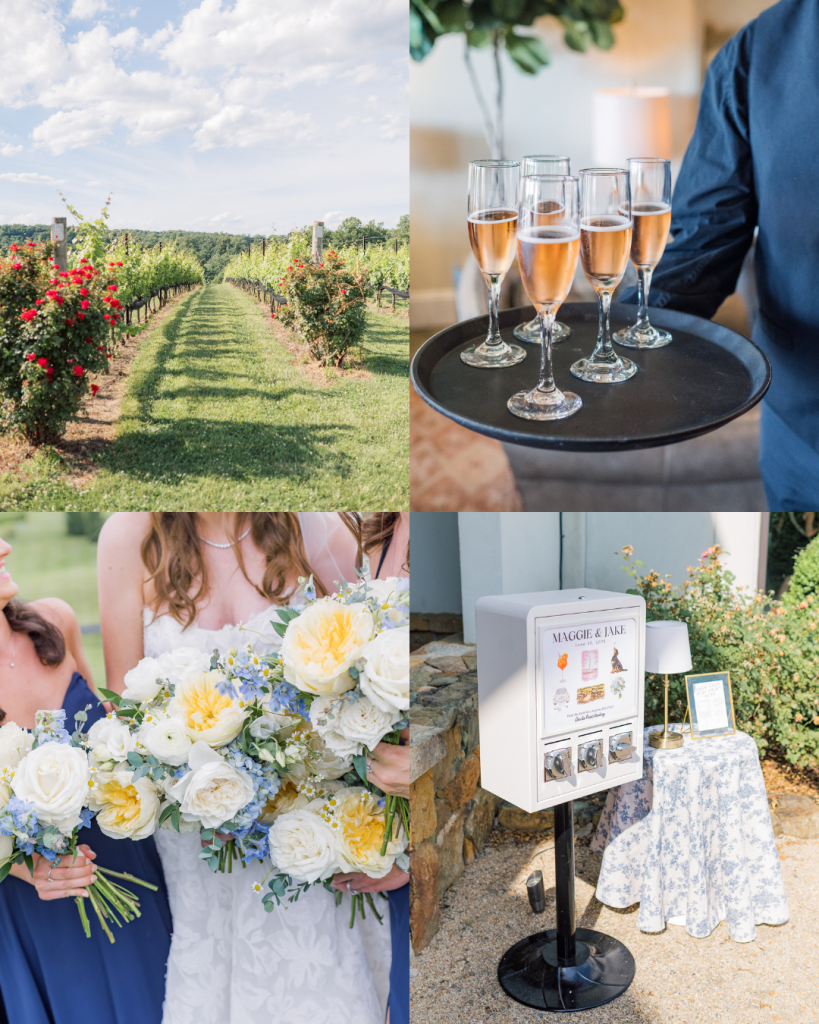 four pictures to set the scene of wedding with vending machine, bridesmaid bouquets, and champagne passed around to guests