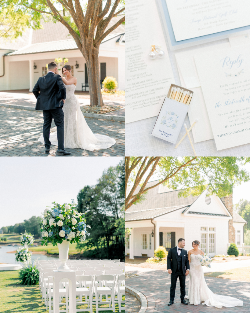 Wedding detail collage featuring Hannah and Johnathan, blue and white stationery, custom matchbooks, and waterfront ceremony florals.