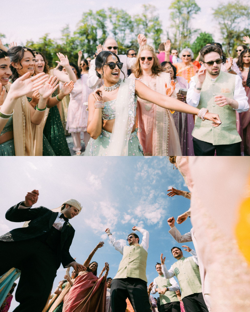 baraat people cheering and celebrating together before wedding ceremony begins. outdoor wedding, upscale wedding venue in barn