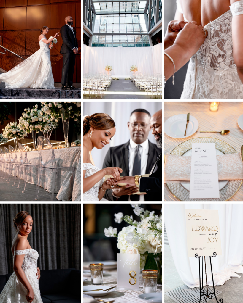 Wedding gallery details including Joy and Edward, their indoor ceremony, lace bridal gown, white floral reception decor, wedding menu, table number and welcome sign.