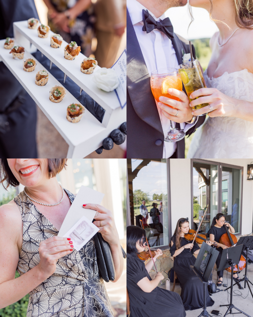 four pictures of wedding details, cocktails, appetizers and wedding string trio