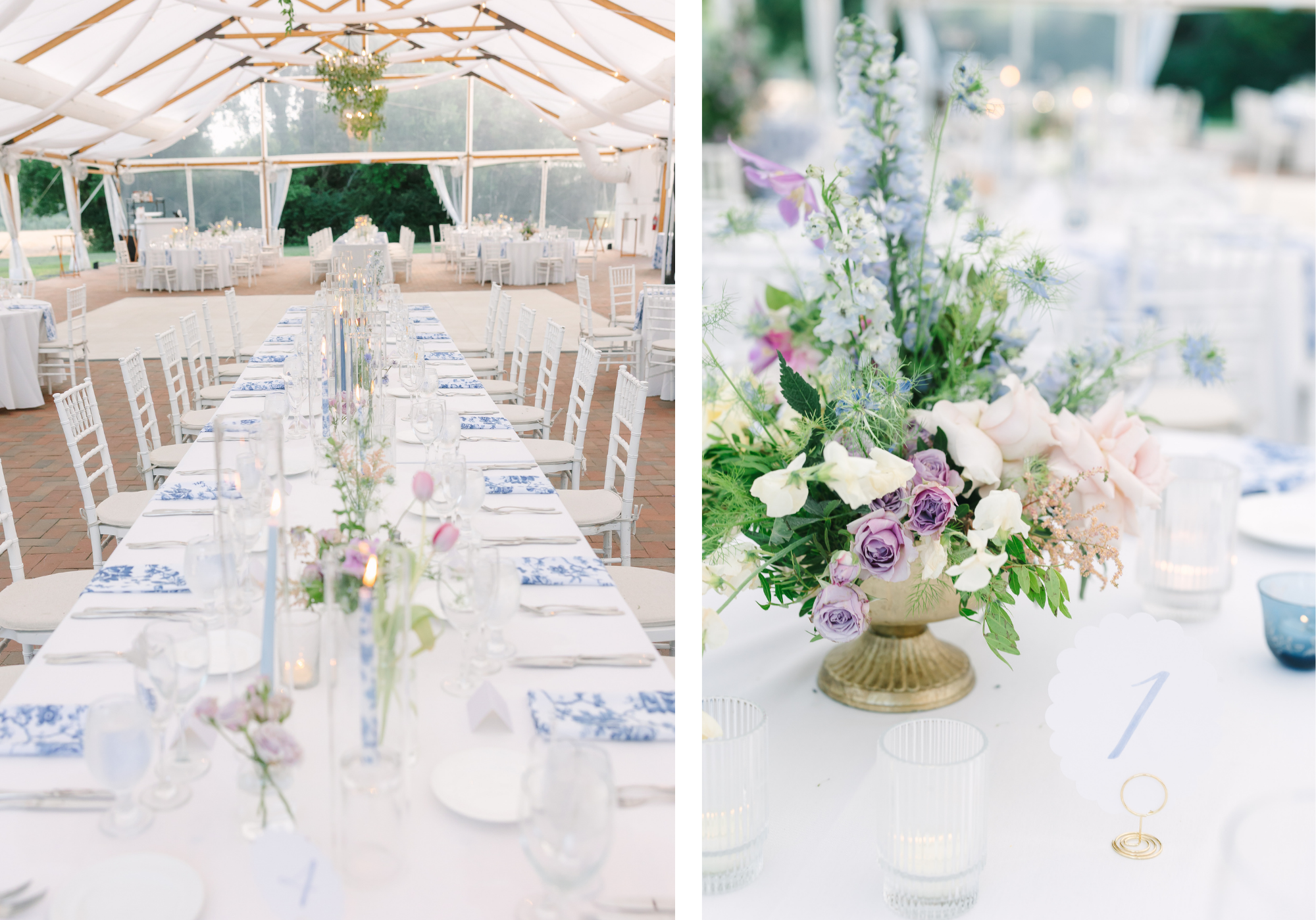 Collage of a clear-top wedding tent and pastel reception tables with blue-and-white floral linens at Kent Island Resort in Stevensville, Maryland.