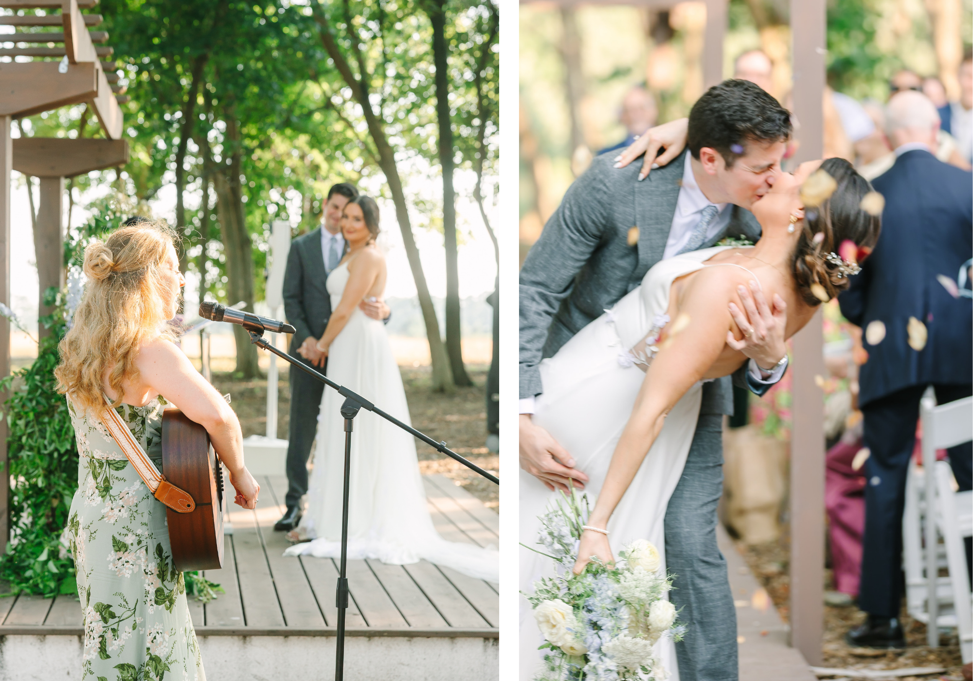 Two-photo collage of the bride walking down the aisle and the groom kissing her during an outdoor Eastern Shore ceremony at Kent Island Resort.