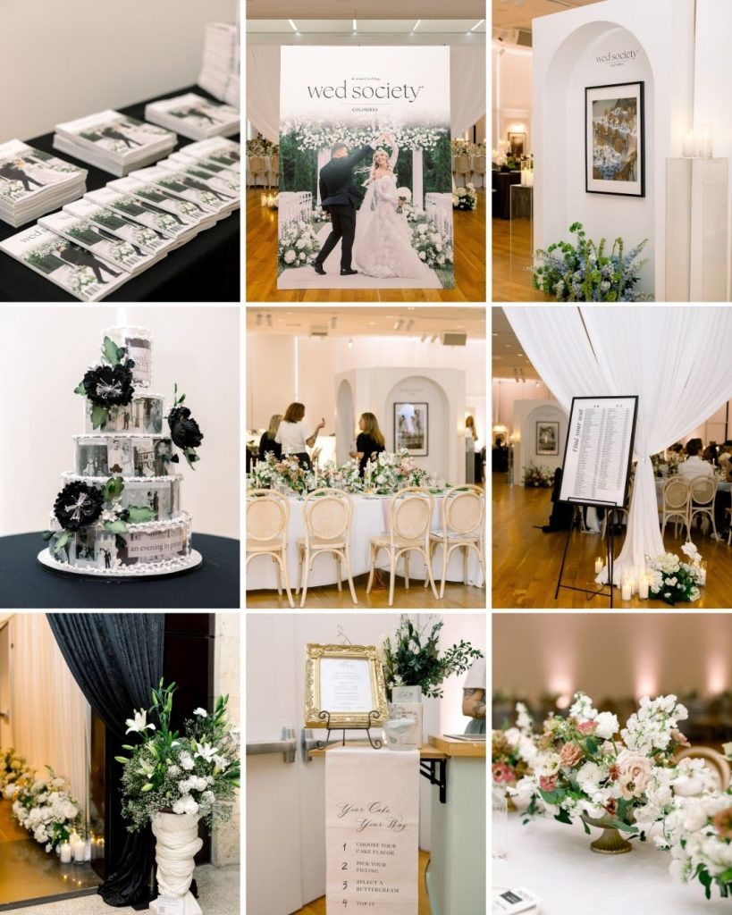Collage of Book of Weddings magazines, cover display, floral tablescapes, draping, and event details.