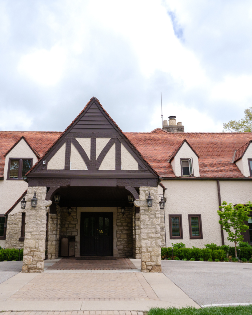 Stone and Tudor-style entrance to Brookside Golf & Country Club in Columbus, Ohio.