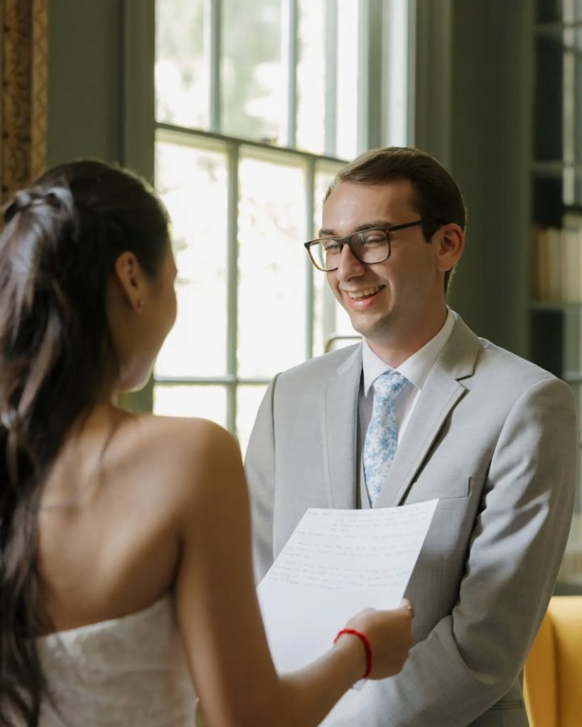 first look between bride and groom indoor estate private vows