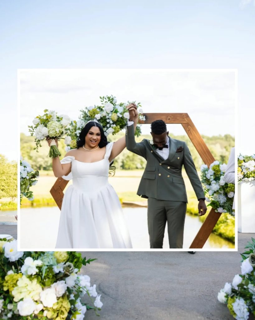 bride and groom exiting wedding ceremony after ceremony. wooden arch with green and white flowers, couple cheering, northern virginia coutryside upscale wedding venue