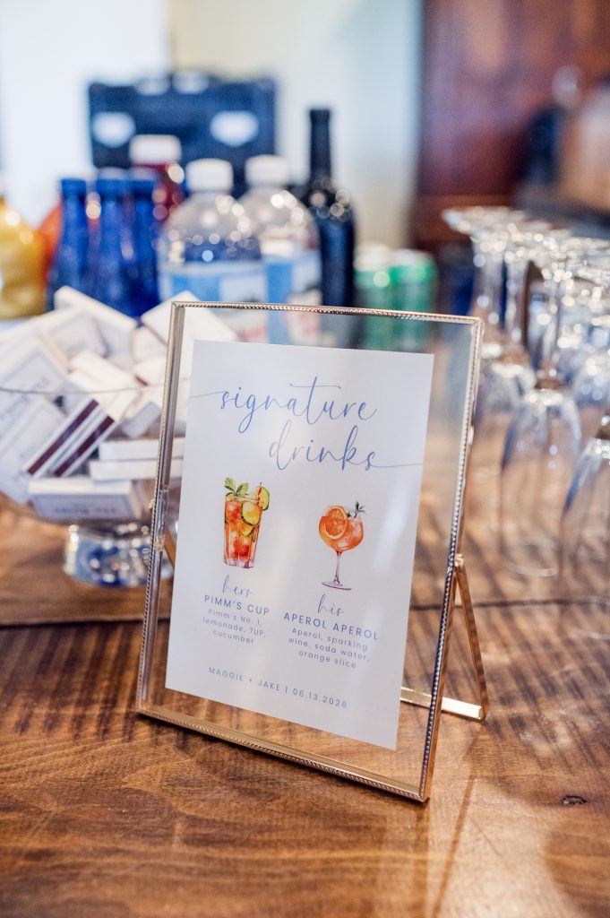 signature cocktail sign at wedding bar in northern virginia winery