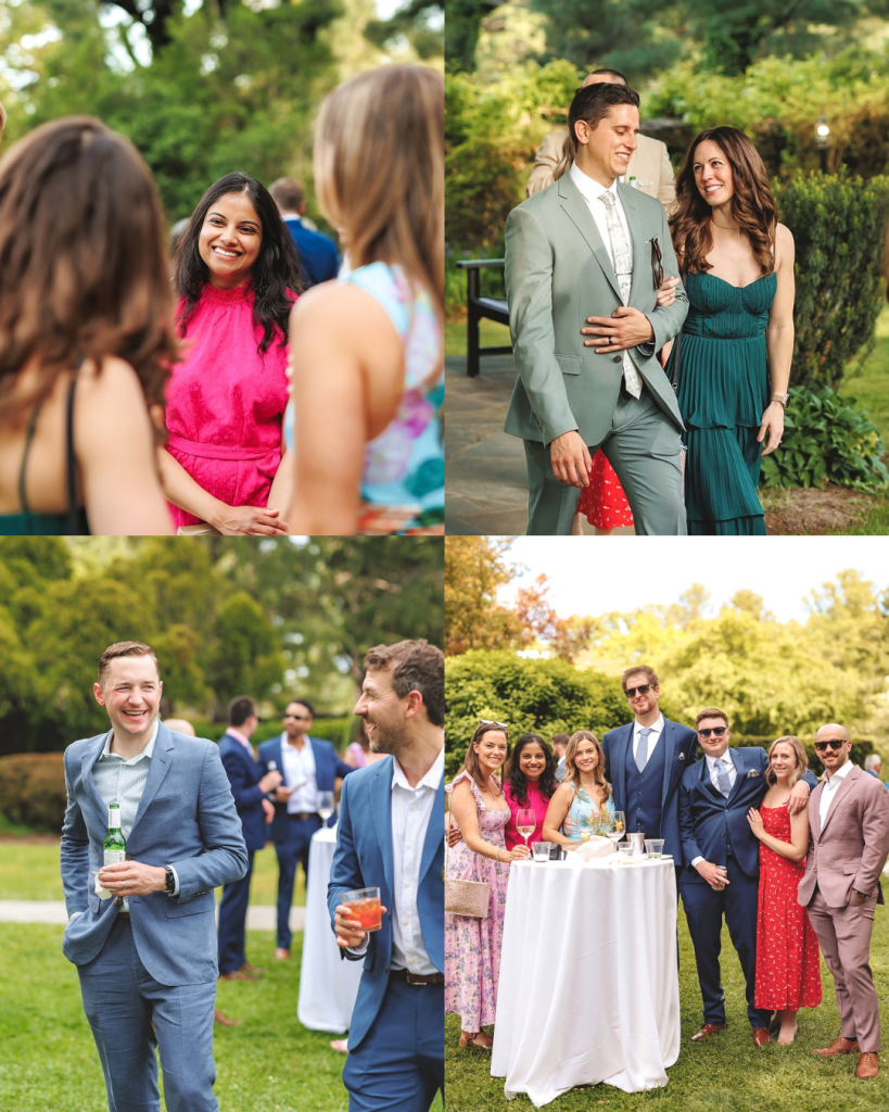 garden wedding reception with guests talking and laughing