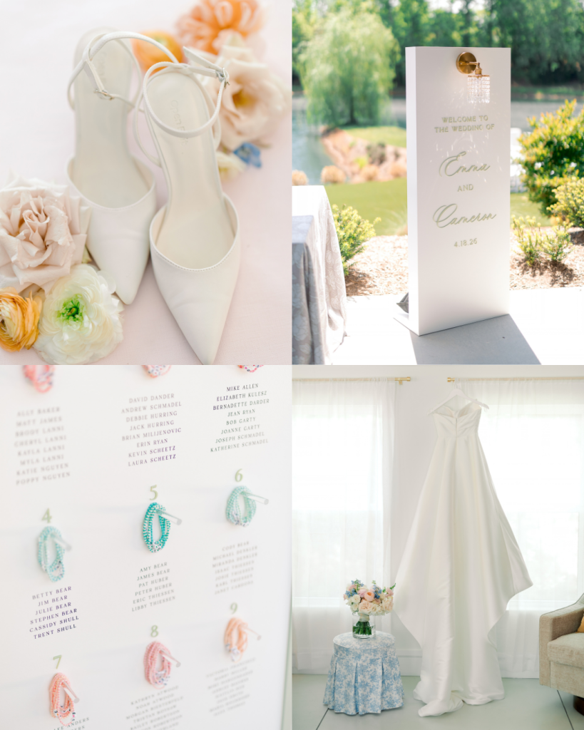 Wedding detail collage featuring white bridal shoes, personalized ceremony signage, friendship bracelet seating chart and Emma’s wedding dress.