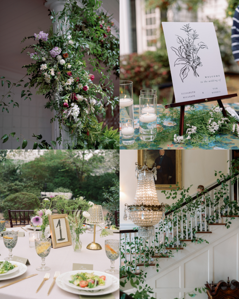 Wedding detail collage showing abundant floral installations, illustrated stationery, garden reception tables, and greenery along a staircase.