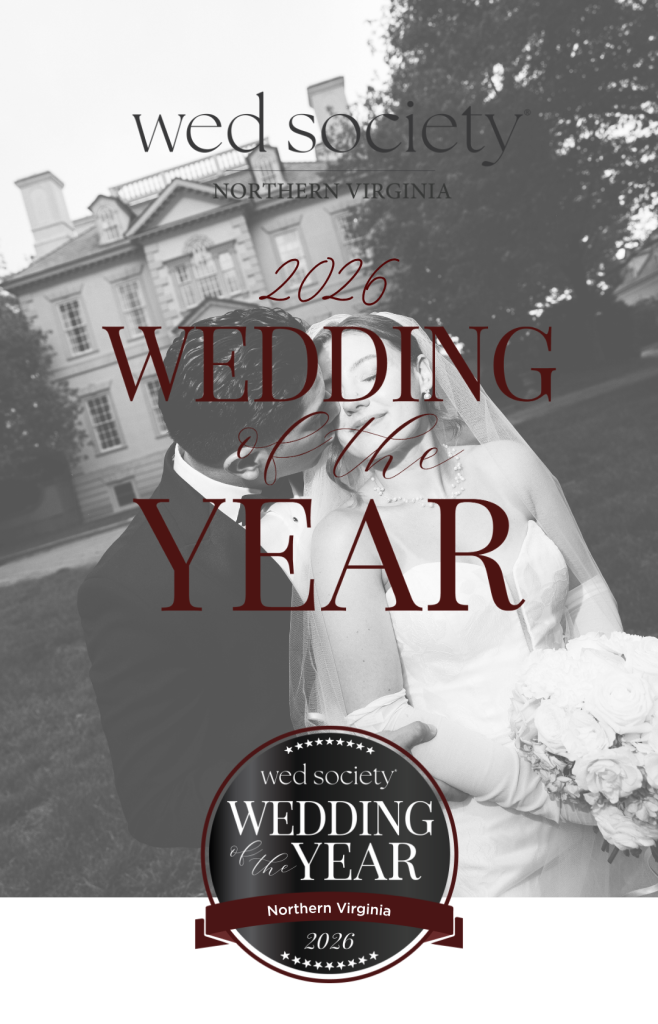 Bride and groom embracing in front of a historic estate under the "Wed Society 2026 Wedding of the Year" feature logo.
