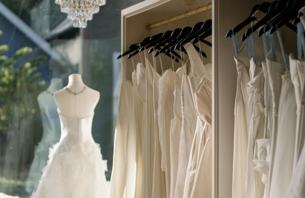 Ivory wedding dresses hanging in a bridal boutique beside a mannequin wearing a strapless gown with a textured skirt.